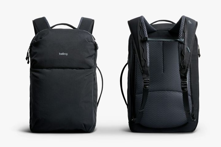 Bellroy Lite Travel Pack 30L in Black, shown from the front and back